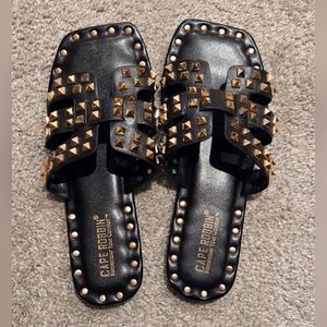 Cape Robbin Black Slide Sandals with Gold Studs